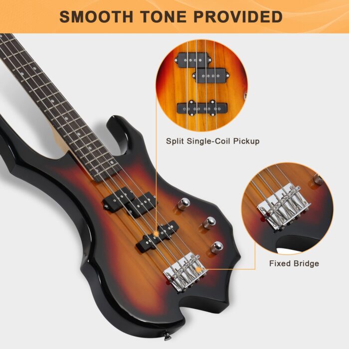 GLARRY Electric Bass Guitar 4 Strings Buring Fire Style Full Size for Beginner Right Hand with Bag, Strap and Accessories (Sunset) - Image 5